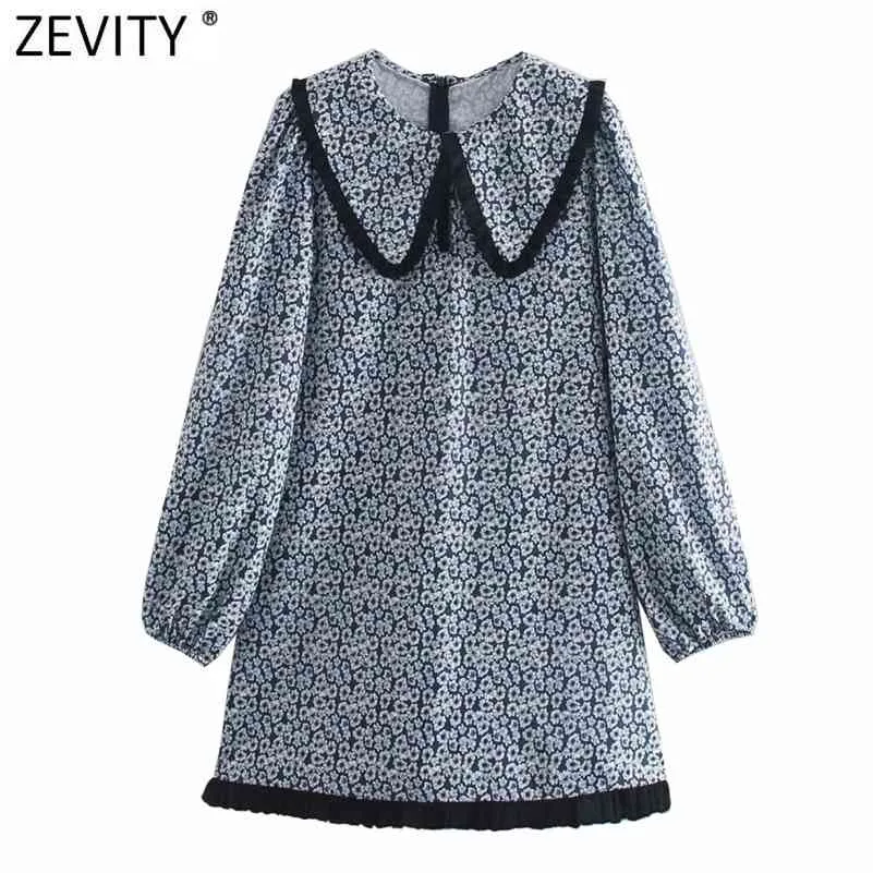 Kobiety Sweet Peter Pan Collar Agaric Koronki Patchwork Drukowanie Mini Sukienka Kobieta Wstecz Zipper Casual Slim Vestido DS4851 210416