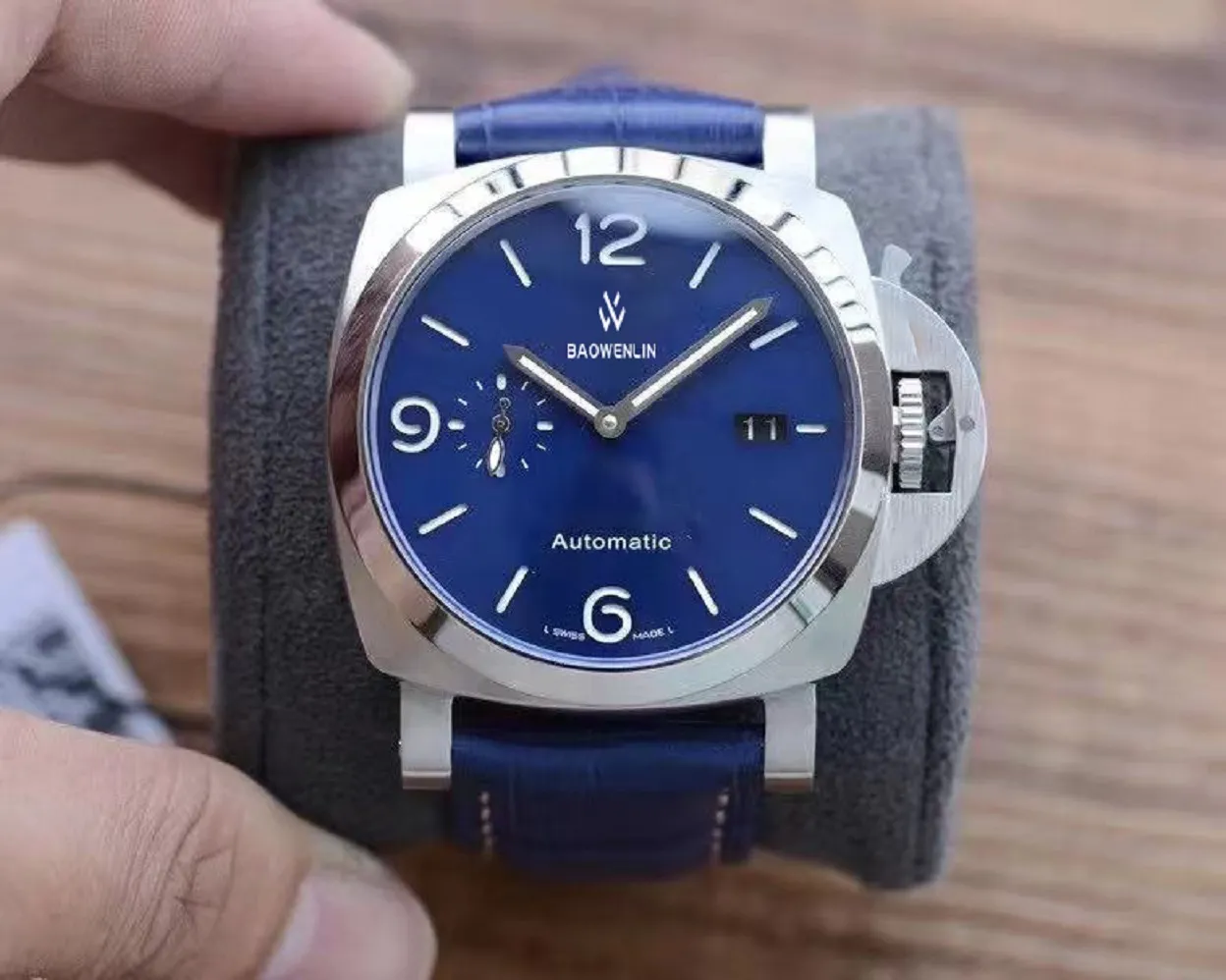 V7 Top Watch Frame 44mm Luxo Super Bright Automático Data Luminosa Projeto de Alta Tecnologia Azul Cinzento Dial Preto Esportes Cinto De Pano Militares Personalização Exclusiva