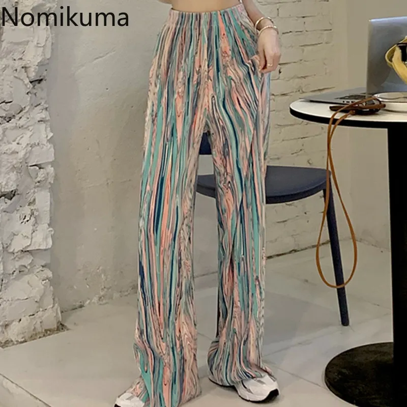 Nomikuma Coréen Tie Dye Femmes Pantalon Stretch Taille Haute Long Pantalon Causal Droit Split Pantalon Mujer Pantalones 6G557 210427