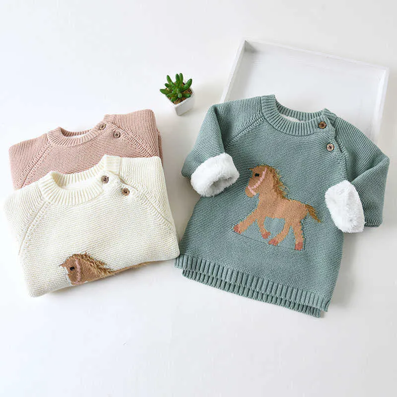 Милый детский свитер с принтом лошади, утолщенные флисовые топы для мальчиков, свитер для девочек, свитер для новорожденных, зимние теплые шерстяные пуловеры, одежда, детские пальто Y1024