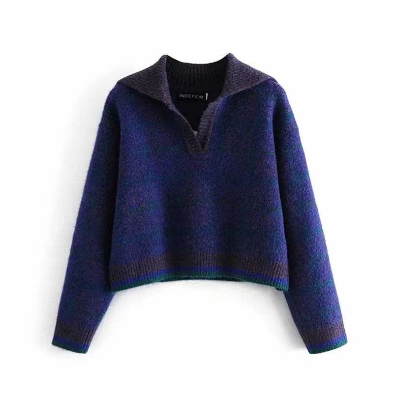 여성 폴로 격자 무늬 니트 스웨터 긴 소매 풀오버 빈티지 여성 캐주얼 스트리트 스웨터 의류 210513