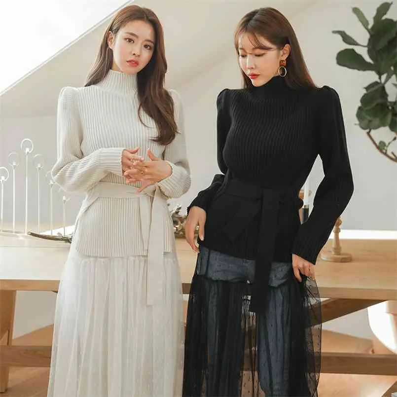 Fashion Korean Thick Women Sweater Belt Turtleneck Female Long Sleeve Tops Woman Black Pink Pullovers Knitwear Pull 210506