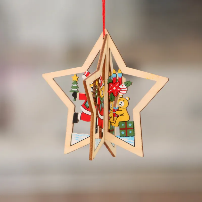 Christmas Wooden Hollow Pendant Snowflake Bell Christmas Tree Star Pendant Christmas Decoration Gift Christmas Tree Pendant
