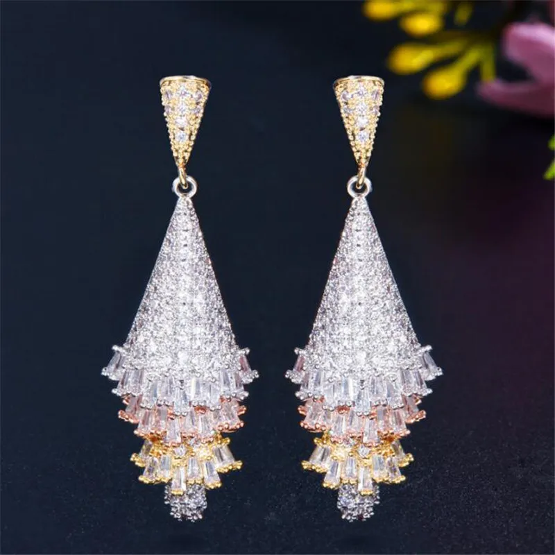 Bijoux de luxe étincelants boucle d'oreille pendante en argent sterling 925 or rose remplissage complet de topaze blanche CZ diamant pierres précieuses jupe à pompon femmes boucles d'oreilles de mariage