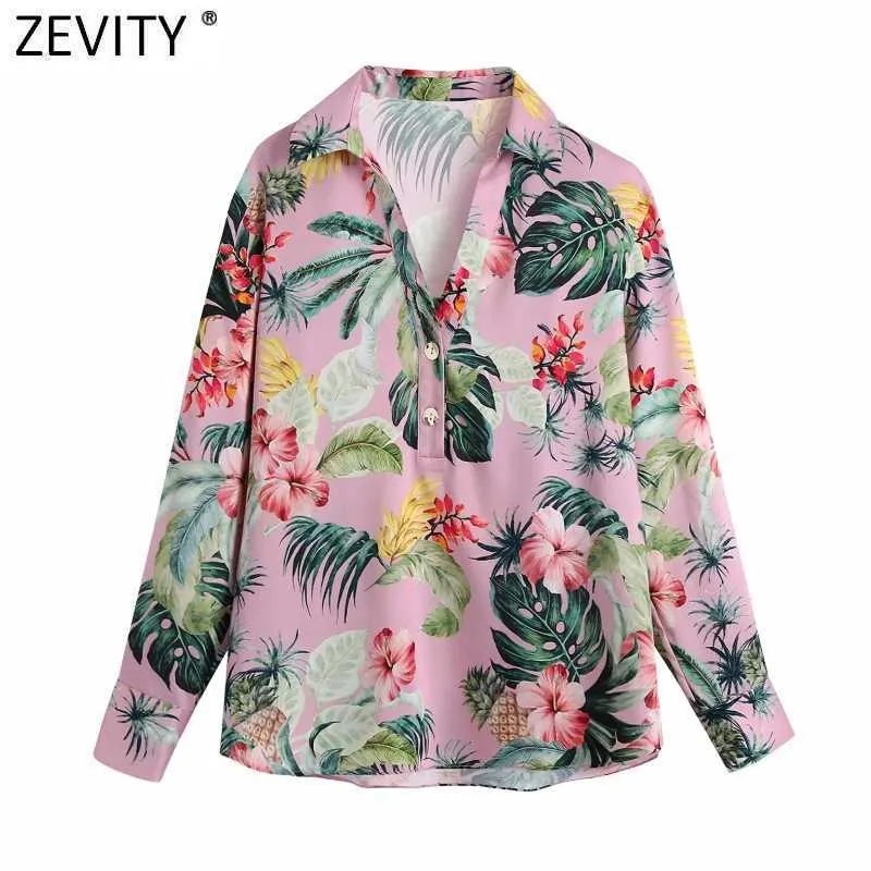 Zevity Donna Vintage Scollo a V Stampa floreale Camicetta grembiule casual Donna Chic Bottoni manica lunga Femininas Camicie Blusas Top LS9348 210603