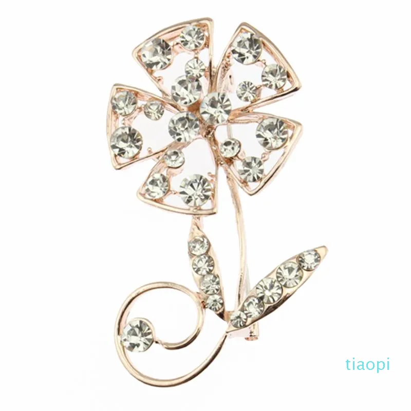 sliver Plated Large Rhinestone Glass Crystal Wedding Flower Leaf Bouquet Brooch Pin for Women