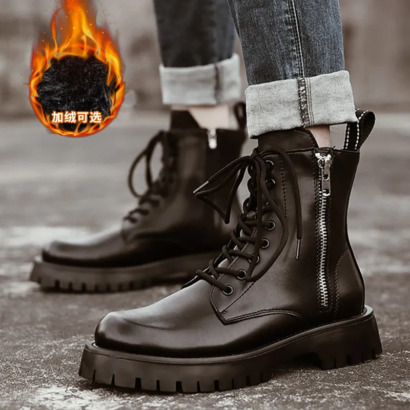 2022 New Men s Martin Boots Warm Plus Velvet Black Leather Short Boots British Style Work Shoes Autumn and Winter