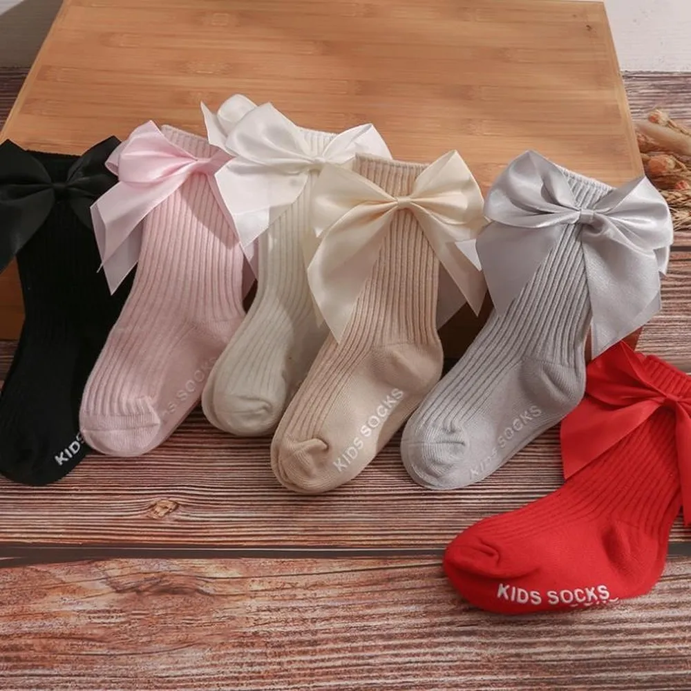 Mädchen-Socken mit großer Schleife, Kleinkind-Baumwollsocke, einfarbig, Kindersocken, mittlere Röhre, Fußsocken, modische Babyschuhe, 6 Farben optional