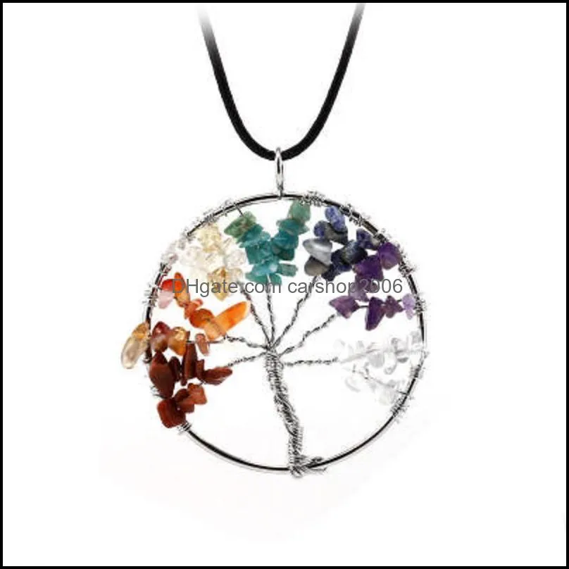 Life Tree Pendant Necklace Natural Stone Rainbow 7 Chakra Tree Of Life Quartz For Men Women Leather Rope Sweater Chain Jewelry Gift