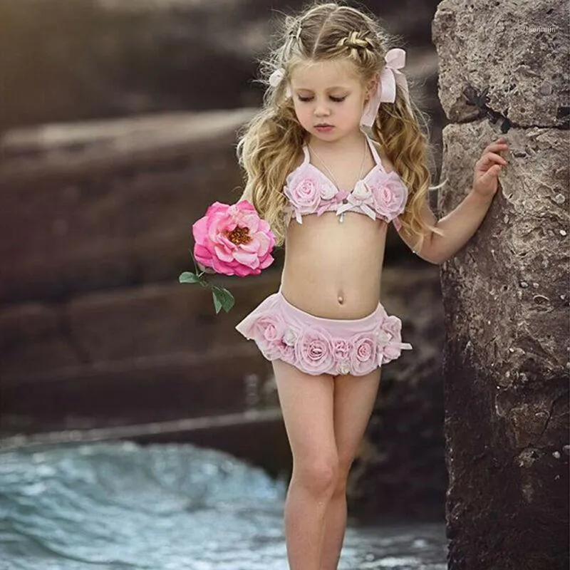 Bebek Kız Toddler Çocuk Çiçek Mayo Mayo Bikini Set Banyo Tankini Halter Bandaj Backless İki Adet Suit