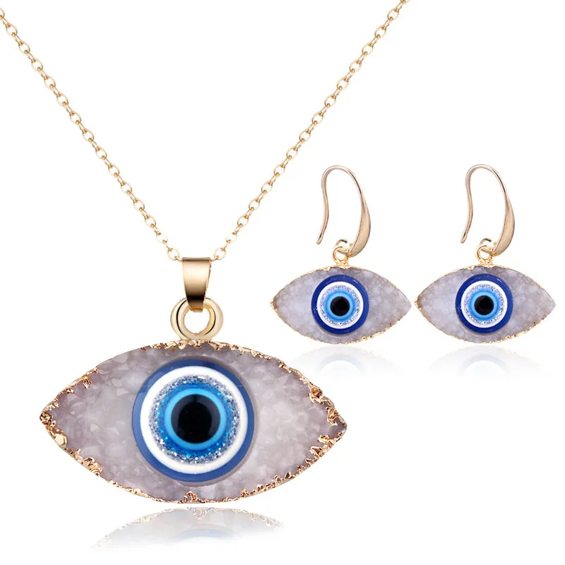 Blauw geïnspireerd sieraden kwade oog druzy stenen hanger ketting oorbellen hars quartz kristallen mode voor vrouwen