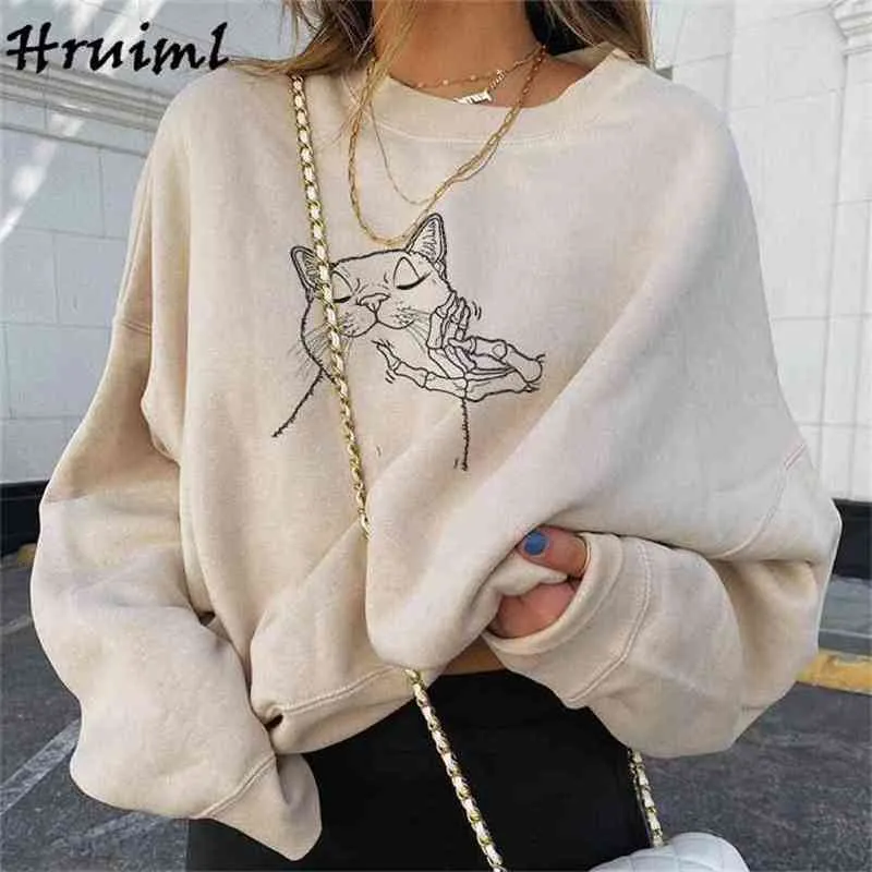 Plus Skin Sweatshirt Vrouwen Casual Losse Kat Print Lange Mouw O Hals Lady Pullovers Sweatshirts Vintage Streetwear Fashion Tops 210513