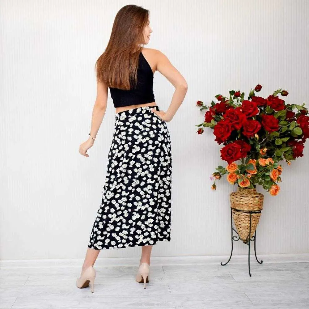 Zipper Summer High Waist Skirt Women Fashion Floral Daisy Long