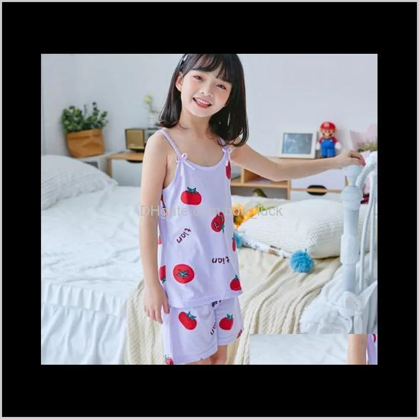 New Kids Pajamas Sleeveless printing with Bow Sling Top Shorts Homewear For Girls Summer Sleepwear Children Girl 5-14Years