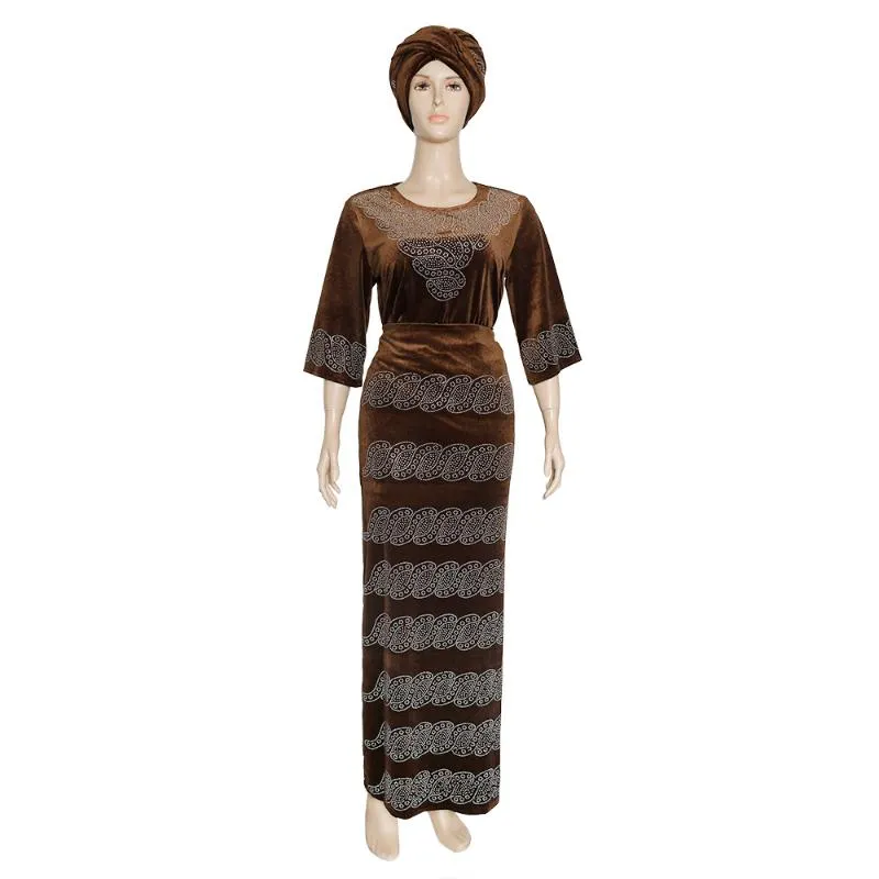 Plus Size Velvet Dashiki African Dress Set With Headtie Top Skirt