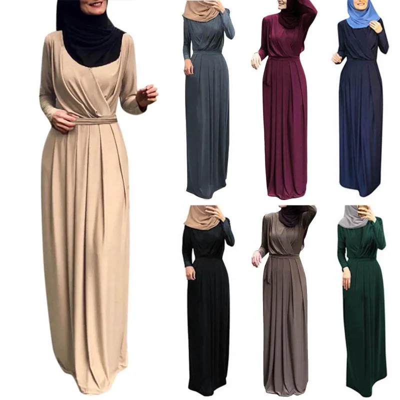 Abiti casual Donna Arabo Musulmano Manica lunga Maxi Abito Tinta unita Pieghe Avvolgente Davanti Annodare Abaya Dubai Turchia Hijab Robe Kaftan Femme