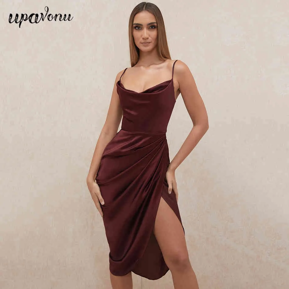 Product Title: Free Burgundy Satin Dress Sexy Spaghetti Strap Sleeveless Bodycon Draping Club Runway Party Vestidos 210524Product Description: This