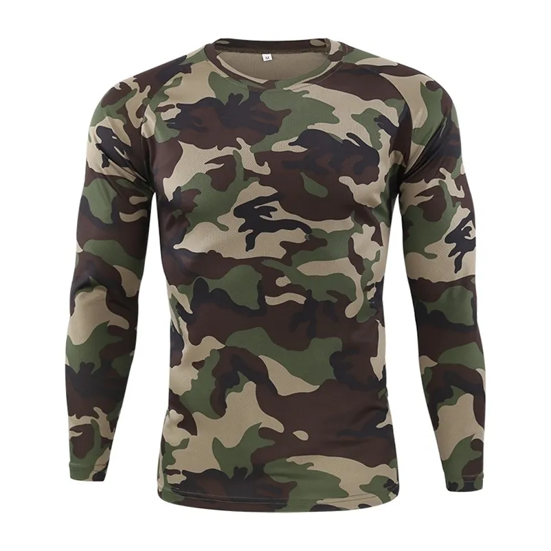 Tactical Camouflage Långärmad T-shirts Män Andningsbar Snabbtorkad O-Neck Fitness T-shirt Multicam Camo Army Military T-shirts 210726