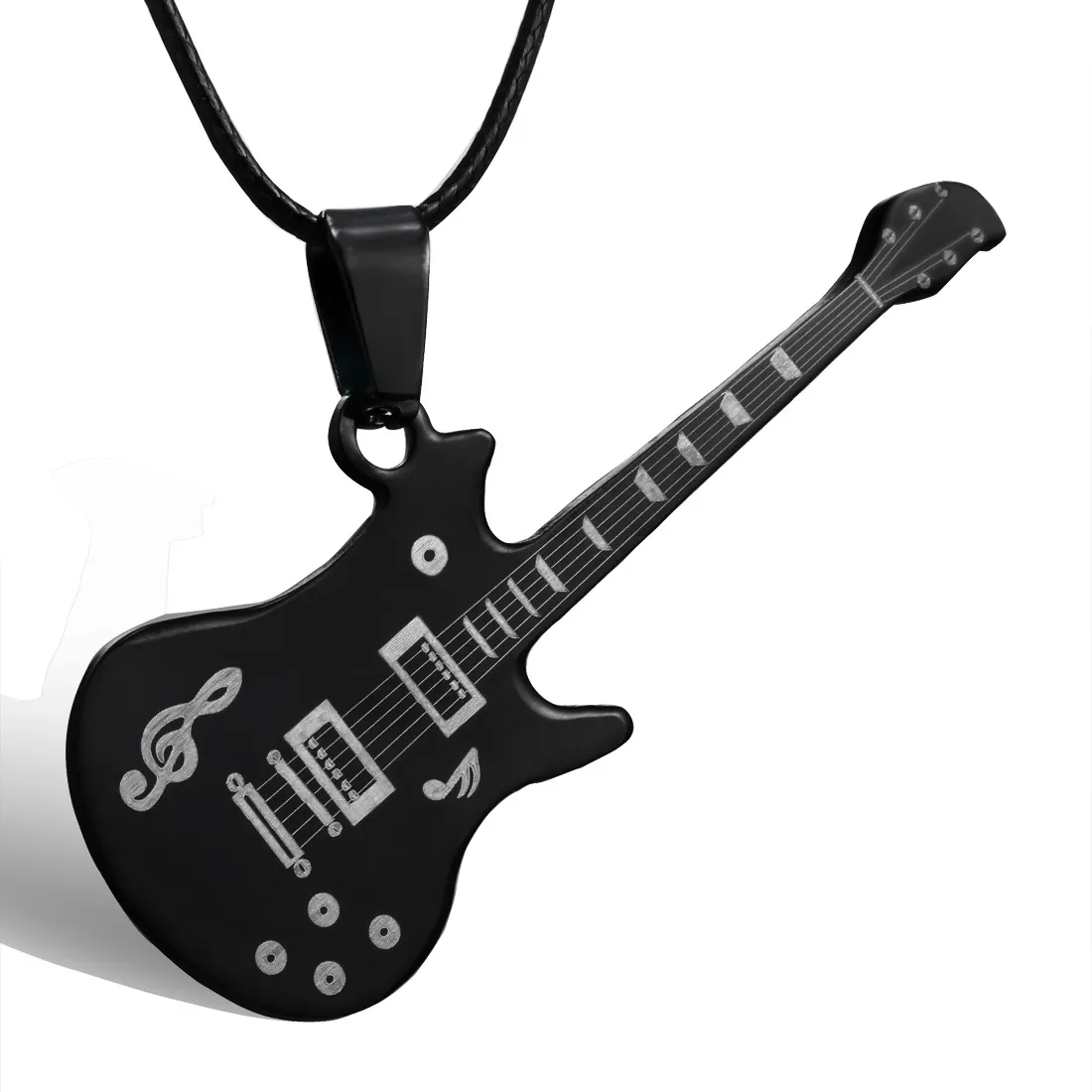 Fashion 316L Stainless Steel Guitar Necklace For Men Pendants Leather Chain Man Necklaces