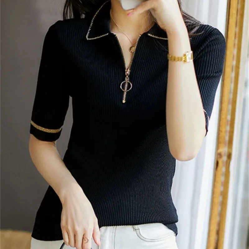 Fashion Women's Knitwear Early Spring Small Fragrant Wind Ice Silk Top Lapel Zipper Black T-shirt 210520