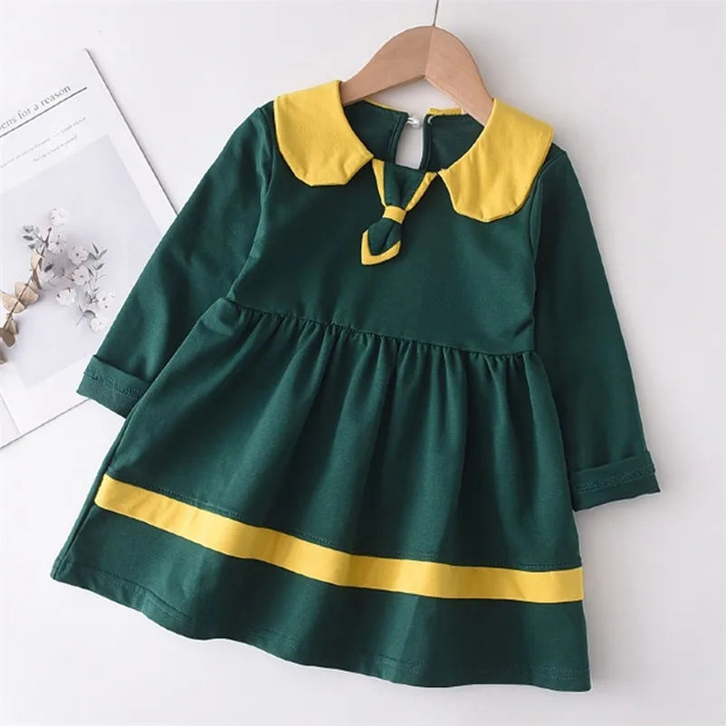 Girls Dress Spring Autumn Fashion Children Abbigliamento Peter Pan Collor Tie Abiti 2-6 anni Costumi 210429