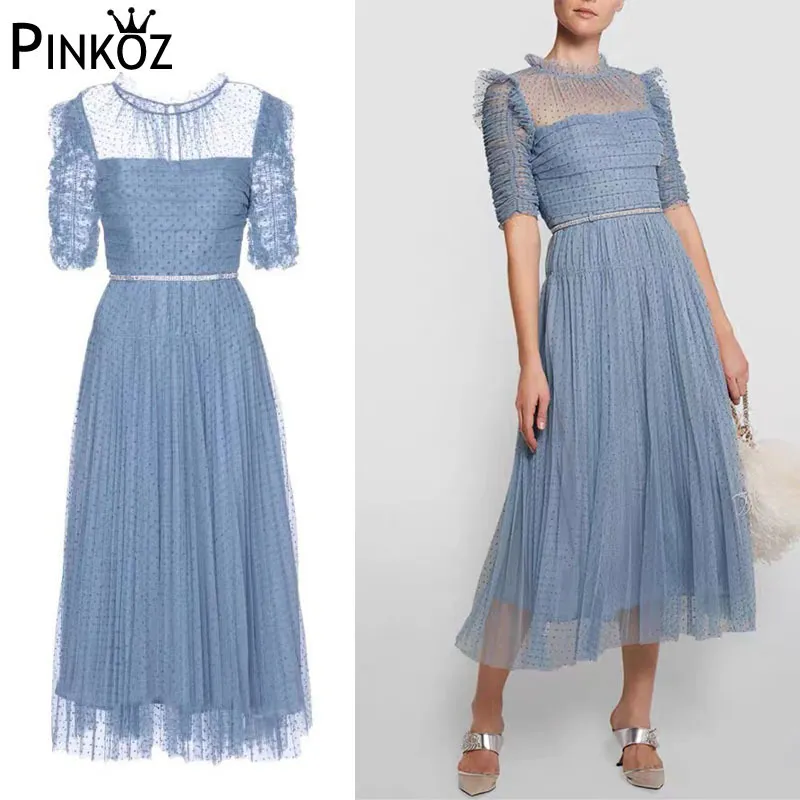 Créateur de mode d'été élégante robe bleue femmes demi-manches taille haute luxe maille fête Angleterre Paris Chic robes za 210421