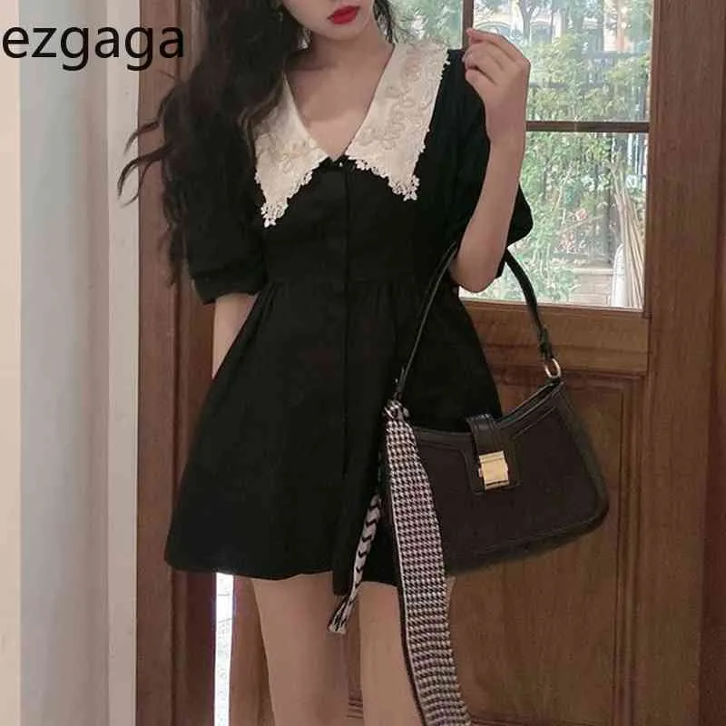Ezgaga Style français Vintage élégant Mini robe femmes dentelle col claudine été manches courtes bouffantes taille haute robes mode 210430
