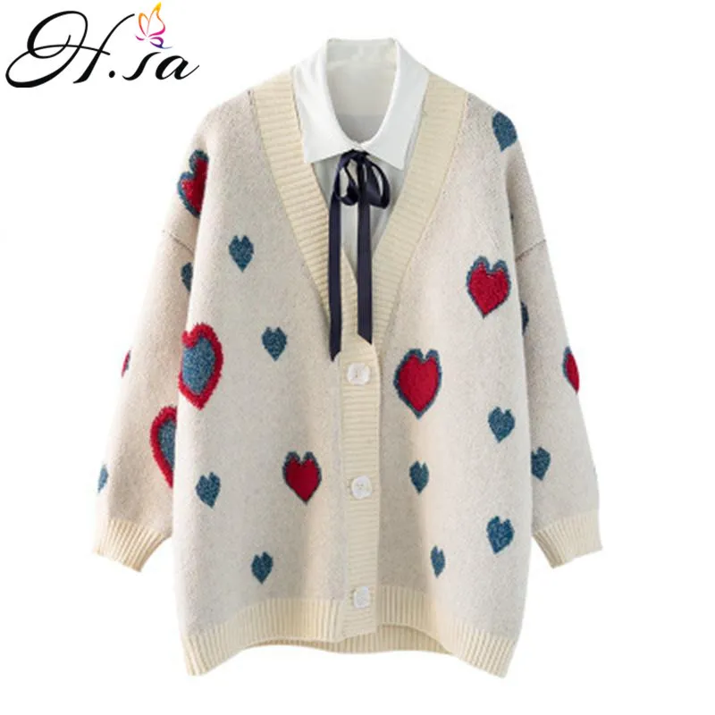 H.SA Kvinnor Vår Stickad tröja och Sweet Heart Knitwear Oversized Cute Knit Jacket Loose Cardigans Coat 210417
