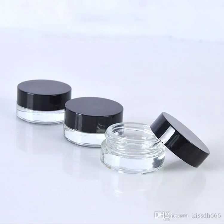 300pcs Clear Eye Cream Jar Bottle 3g 5g Contenitore per balsamo per labbra in vetro vuoto Vasi per campioni cosmetici a bocca larga con tappo nero