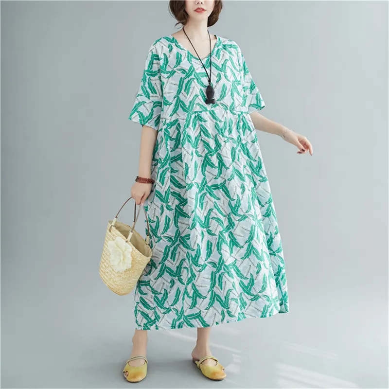 Johnature Femmes Imprimer Floral Vert Robes Coton Lin Robes D'été Lâche O-cou À Manches Courtes Femmes Robes Décontractées 210521