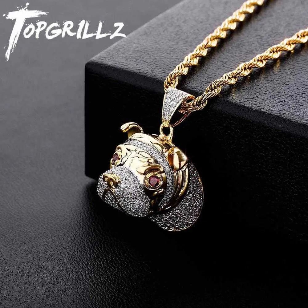 TopGrillz Hip Hop Dog Head Naszyjnik Wisiorek Urok Dla Mężczyzn Kobiety Złoto Srebrny Kolor Cubic Cyrkon Biżuteria Gifts X0707