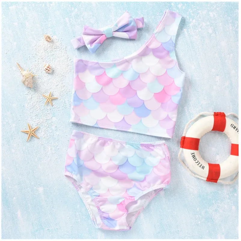 Three-Pieces Sets For Baby Girl Summer Swimsuit Two-Pieces Fish Scales Girls Bikini Swimsuits Kids Toddlers Bathing Suits Children Casual Beach Swimwear