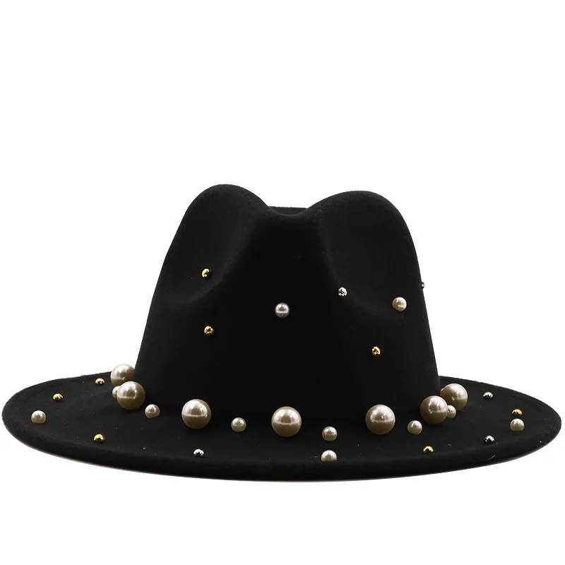 Chapeau Fedora en laine pour hommes et femmes, avec grosses perles, élégant, dame, hiver, automne, église à large bord, Panama, Sombrero Jazz