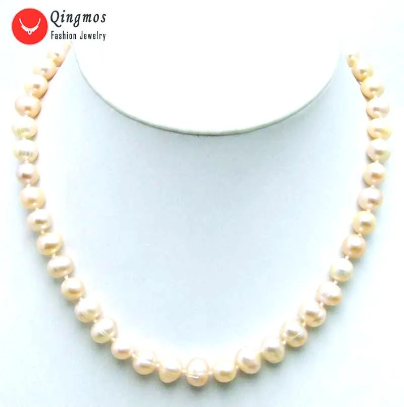 Qingmos Pink Pearl Necklace For Women With Natural 7-8mm Round Freshwater Chokers 17" Fine Jewelry 5840