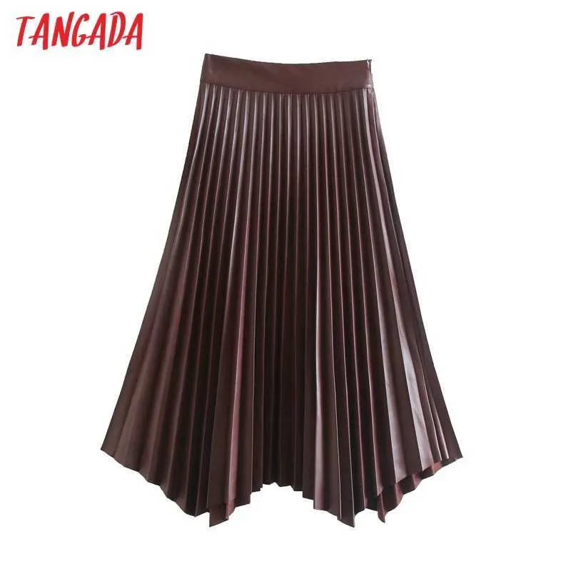Tangada Kadınlar Kahverengi Pileli Faux Deri Etek Faldas Mujer Vintage Yan Fermuar Bayanlar Zarif Chic MID Buzağı Etekler 3H153 210609