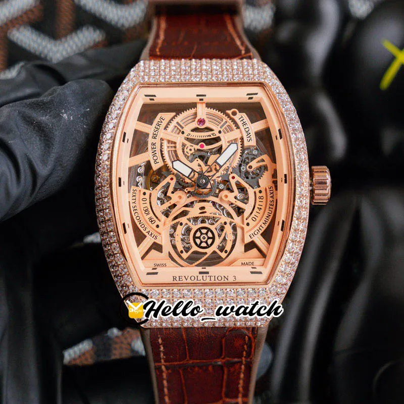 42mm Mäns Collection Revolution 3 V45 SC DT Klockor Skelett Ring Automatisk Mens Watch Full Rose Gold Diamond Case Brun Leather Rubber Strap HWFM Hello_Watch