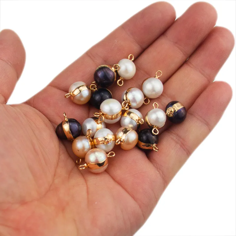 Natural fresh water 10mm round 14K gold-plated frame Baroque double-sided connector loose pearls