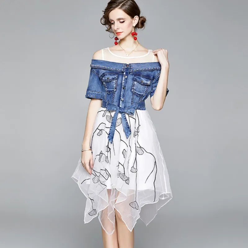 Wysokiej Jakości Lato Kobiety Sexy Off Ramię Denim Patchwork Organza Retro Moda Asymetryczne Suknie Vestidos 210518