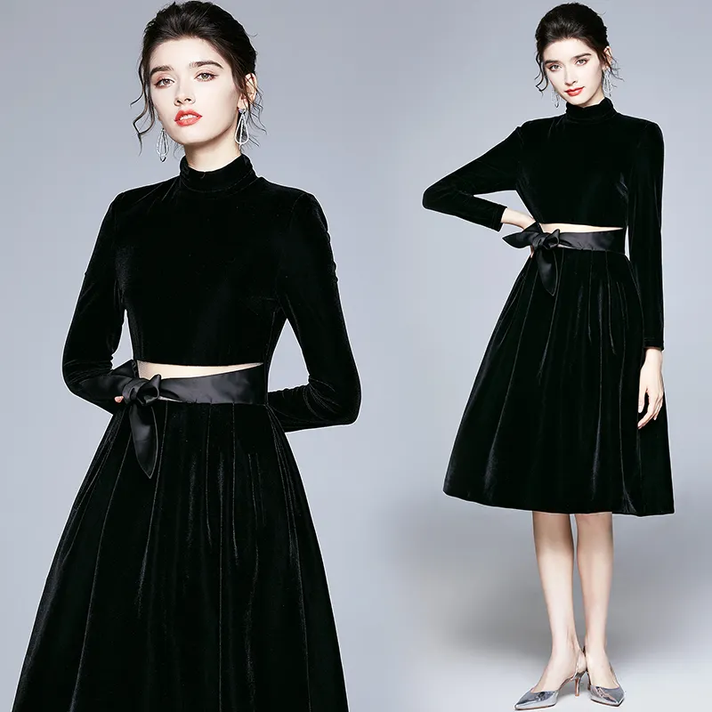 Quality Fashion Runway Classic Black Dress 2021 Designer Autumn Winter Long Sleeve Mock Neck Office Holiday Prom Ladies Sexy Slim A-Line Velour Dresses Women Clothes