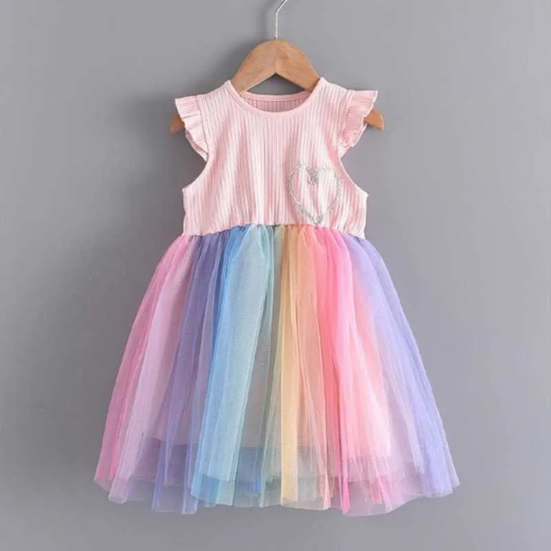 2021 Verano Niño Niños Bebé Niña Mosca Manga Patchwork Tutu Rainbow Princess Vestido Una Piezas Ropa Q0716