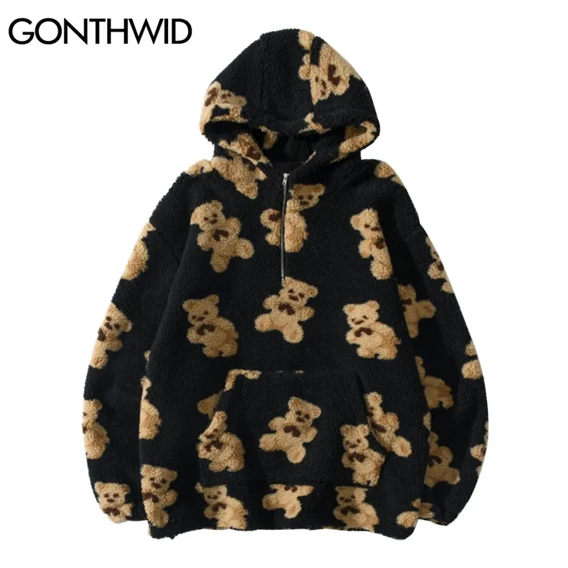 GONTHWID Fleece Hooded Sweatshirts Streetwear Hip Hop Bear Print Half Zipper Pullover Hoodies Harajuku Casual Tops Coats Outwear 211025