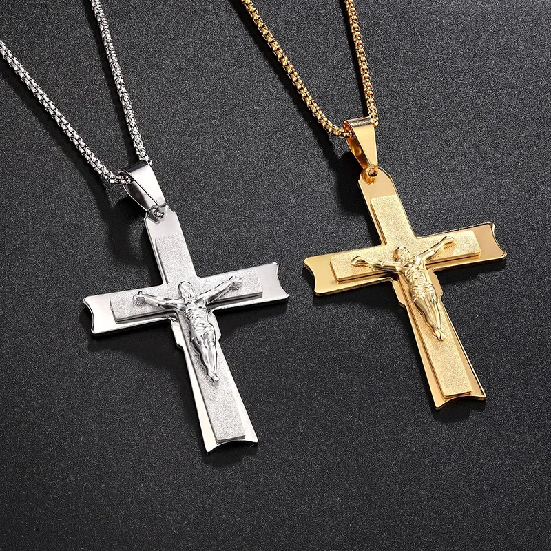 Gold Silver Christian rostfritt stål Mäns stora korshalsband unikt mode Crucifix Manlig upphängning hänge kedja