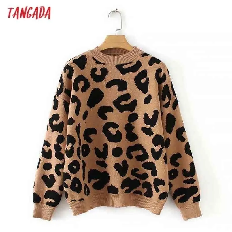 Tangada donna maglione lavorato a maglia leopardo inverno stampa animalier inverno spesso manica lunga donna pullover casual top 2X05 210917