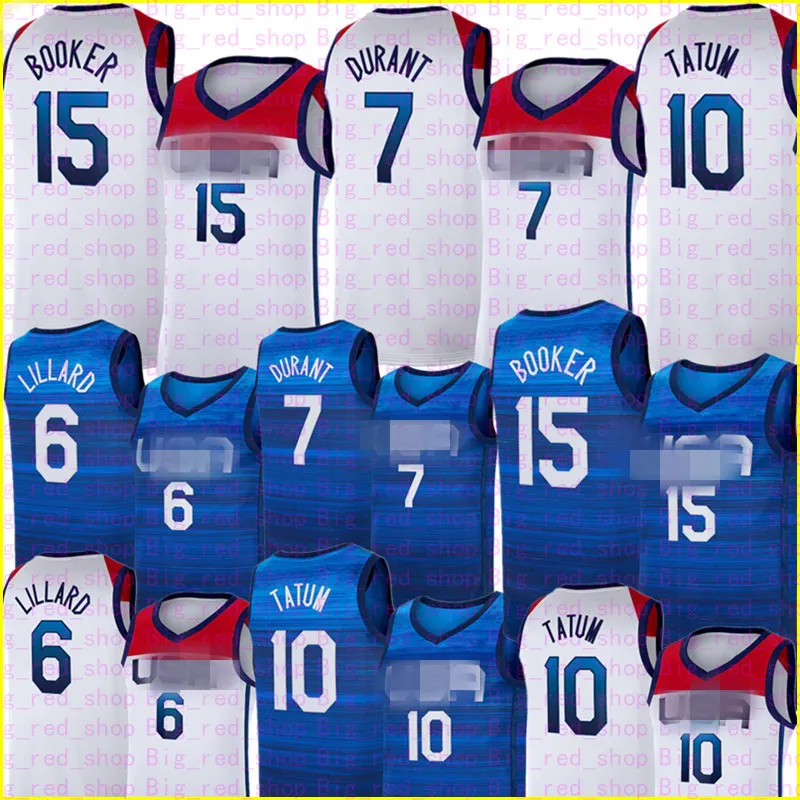 Nationaal Team Basketbal Jersey Devin 15 Booker Kevin 7 Durant Damian 6 Lillard Jayson 10 Tatum Jerseys White Blue Mens