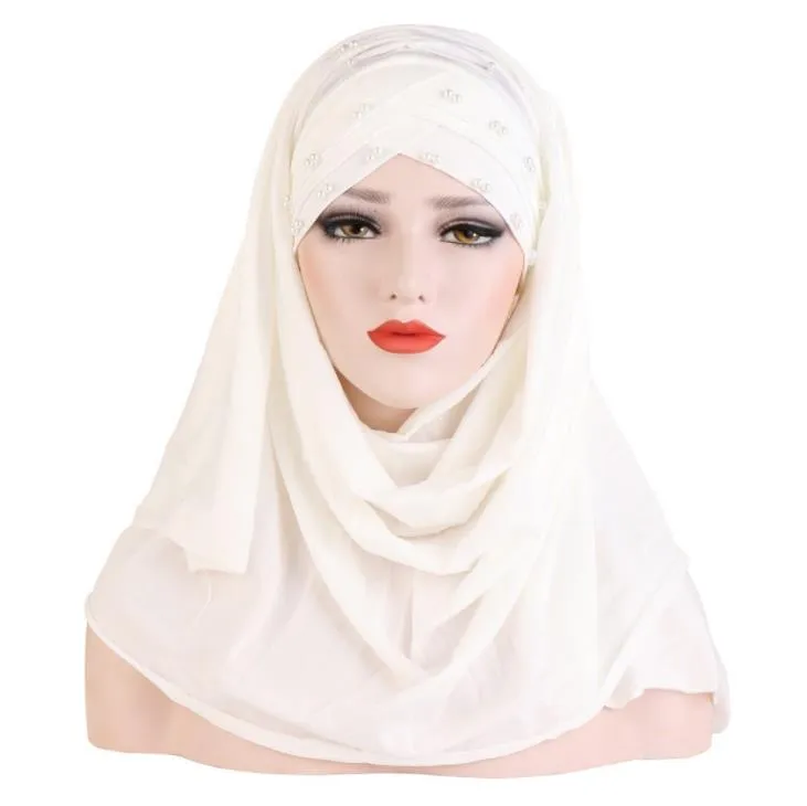Women Plain Turban Bead Amira Hijab Scarf Head Wrap Pull On Instant Shawl Muslim Hijabs Ready To Wear Headscarf Islamic Cap