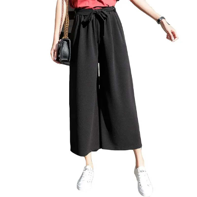 Kvinnors byxor Capris Kvinnor Casual Loose Wide Leg Pant Womens Sashes Elegant Koreansk stil Kvinna Ren Färg Kalvlängd Hög midja