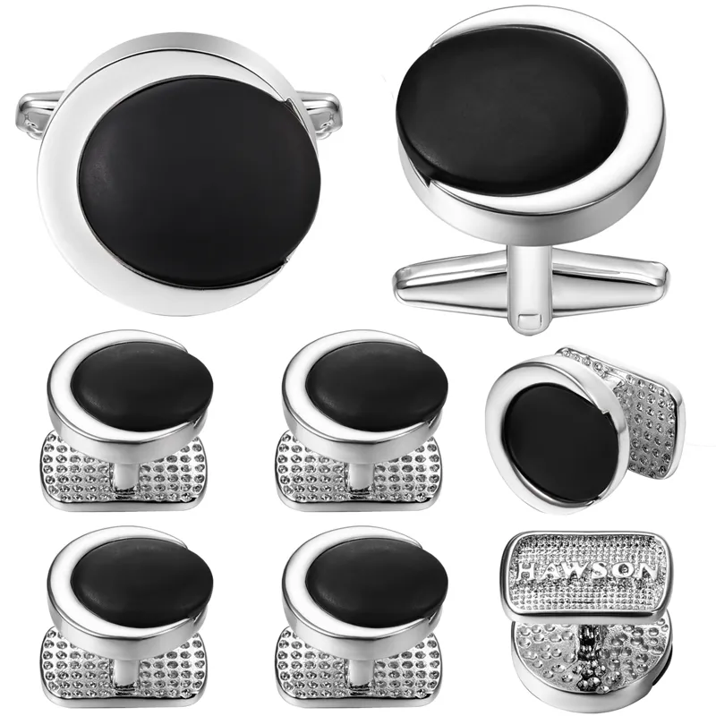 Boutons de manchette ronds de luxe 8 pièces ensemble noir gris pierre smoking col de chemise goujons de manchette pour hommes avec HAWSON