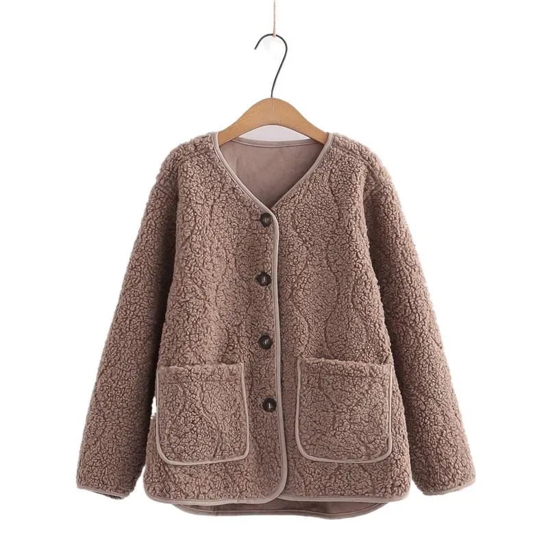 Jaquetas femininas lambswool sólido mulheres zíper casacos 2021 inverno manga comprida o-pescoço único-breasted bolso espesso lã de lã outerwear tops