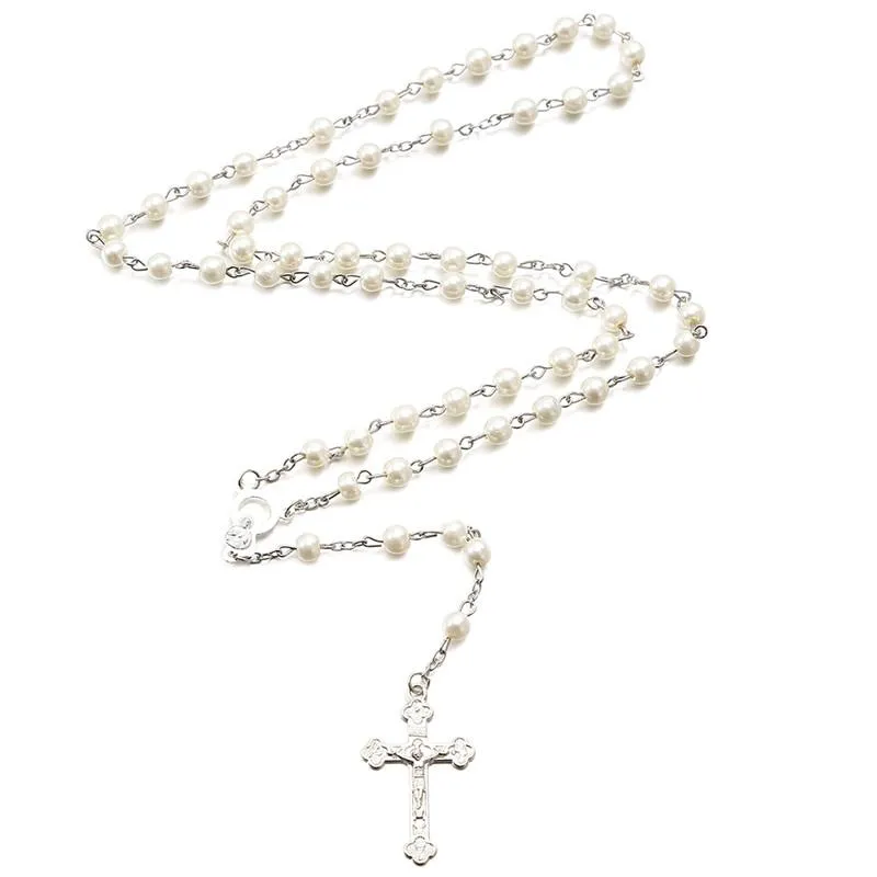Hängsmycke Halsband Alloy Christian Cross Rosary Simulering Pearl Bead Halsband för kvinnor Män Katolska Religiösa Smycken