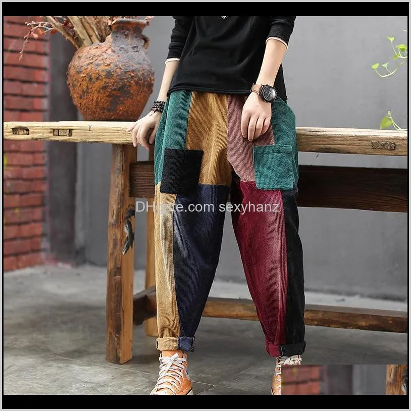 winter fall fashion women elastic waist panelled patchwork corduroy pants female large size loose casual trouser chic streetwear1